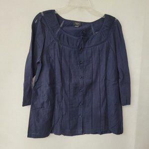 Deletta Top Womens S‎ Navy Blue Pleat Button Front Blouse Embroidered Cut Outs
